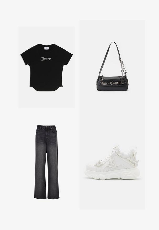 Schwarzes T-Shirt mit kurzen Ärmeln, abgerundetem Saum und Raglanärmeln. Auf der Vorderseite mit verzierten "Juicy"-Text in Strass-Steinen.; Schwarze Denim-Jeans mit weitem Bein und glatter Textur, mit hoher Taille, seitlichen Taschen und einer Knopfverschluss.; Weißer klobiger Sneaker mit dicker Sohle und dekorativen 3D-Schmetterlingsakzenten an der Seite, den Schnürsenkeln und der Ferse.; Schwarze Handtasche aus strukturiertem synthetischem Material. Verfügt über einen Kettenriemen und das silberne "Juicy Couture"-Logo, das prominently auf der Vorderseite angebracht ist.
