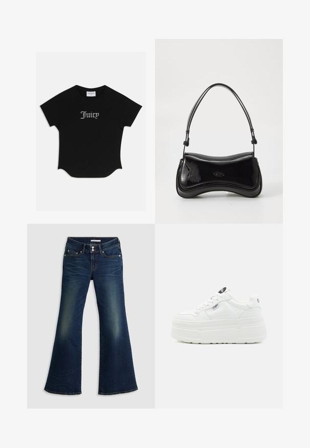Sort kortærmet T-shirt med rund bund og raglanærmer. Har pyntet "Juicy" tekst i rhinsten på forsiden.; Mørkeblå denim superlow flare jeans med for- og baglommer, dobbelt knappelukning og slidte detaljer på lår og knæ.; Hvide platform sneakers med en glat syntetisk overflade, rund tå, polstret krave og tekstureret sål. Har et kontrasterende logo-tag.; Sort patentlæder håndtaske med en buet form, et enkelt håndtag og en rund bund. Har en subtil logo-detalje på forsiden.