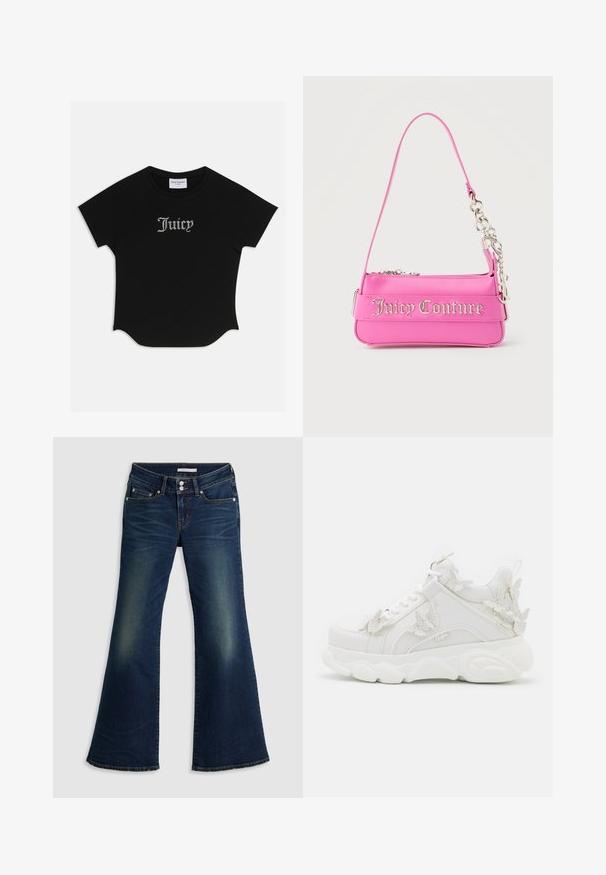 Schwarzes T-Shirt mit kurzen Ärmeln, abgerundetem Saum und Raglanärmeln. Auf der Vorderseite mit verzierten "Juicy"-Text in Strass-Steinen.; Dunkelblaue Jeans im Super-Low-Flare-Schnitt mit Front- und Gesäßtaschen, doppeltem Knopfverschluss und verwaschenen Details an Oberschenkeln und Knien.; Weißer klobiger Sneaker mit dicker Sohle und dekorativen 3D-Schmetterlingsakzenten an der Seite, den Schnürsenkeln und der Ferse.; Kleine, leuchtend pinke Juicy Couture Handtasche mit silbernen Kettendetails und Logo-Schriftzug auf der Vorderseite, schmaler einzelner Schulterriemen.