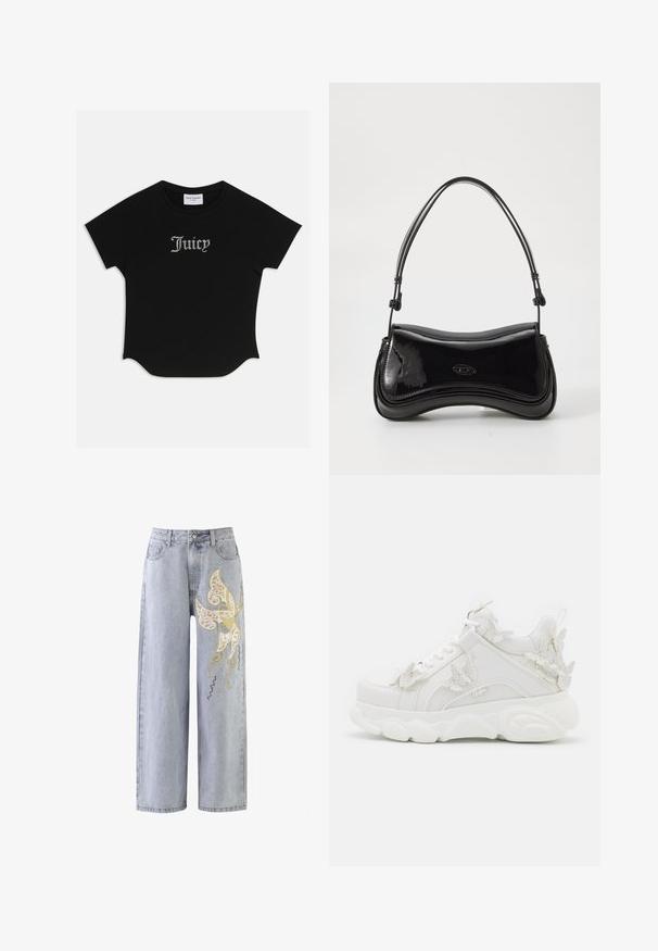 Sort kortærmet T-shirt med rund bund og raglanærmer. Har pyntet "Juicy" tekst i rhinsten på forsiden.; Lysblå vidde jeans med et sommerfuglemotiv i guld- og elfenbensbroderi, prydet med dekorative syninger.; Hvid chunky sneaker med tyk sål og dekorative 3D sommerfugle detaljer på siden, snørebånd og hæl.; Sort patentlæder håndtaske med en buet form, et enkelt håndtag og en rund bund. Har en subtil logo-detalje på forsiden.