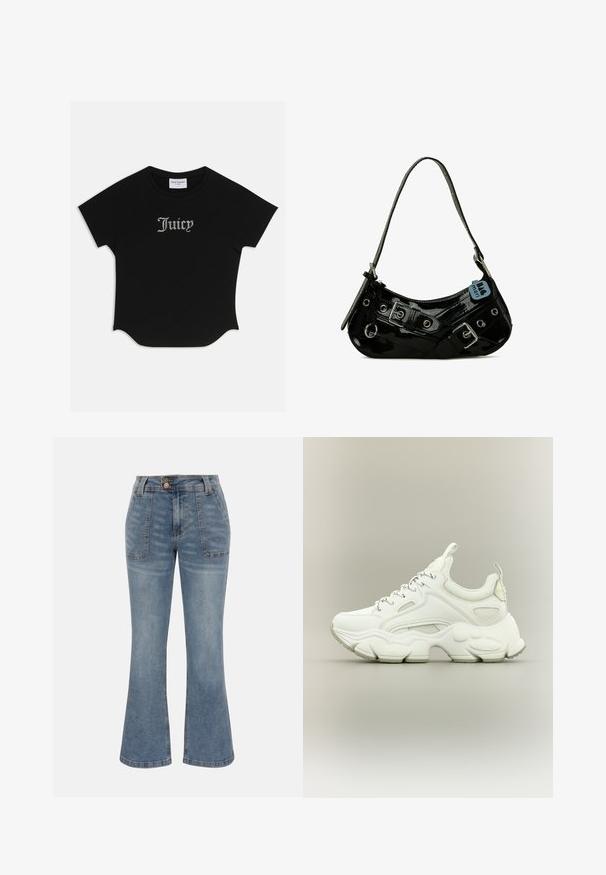 T-shirt noir à manches courtes avec un ourlet arrondi et des manches raglan. Présente le texte "Juicy" rehaussé de strass à l'avant.; Jean en denim bleu à taille haute, poches plaquées à l'avant, fermeture par bouton et zip, et une silhouette de jambe légèrement évasée.; Baskets blanches épaisses avec semelle épaisse texturée, dessus en mesh et cuir, fermeture à lacets et languettes sur la languette et le talon.; Sac à main en cuir verni noir avec une forme incurvée, présentant des ferrures en argent, des boucles décoratives et une bandoulière courte. Étiquette bleue attachée.