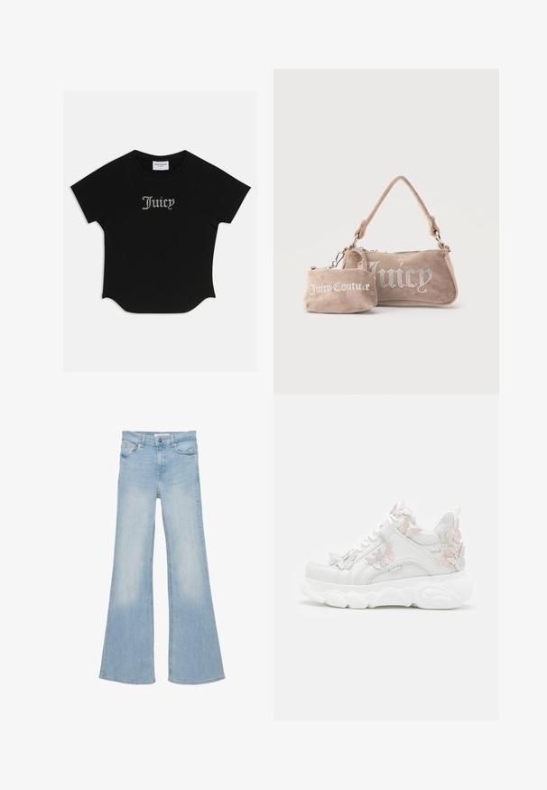 T-shirt noir à manches courtes avec un ourlet arrondi et des manches raglan. Présente le texte "Juicy" rehaussé de strass à l'avant.; Jean en denim bleu clair taille haute avec bouton et fermeture éclair à l'avant, cinq poches, et jambes évasées larges.; Baskets blanches avec des accents de papillon en rose pastel et argent, dotées d'une semelle épaisse, d'une tige en cuir et d'un design à lacets.; Deux sacs en daim beige Juicy Couture, l'un un petit porte-poignet avec logo, l'autre un sac à bandoulière avec le texte "Juicy" en strass.