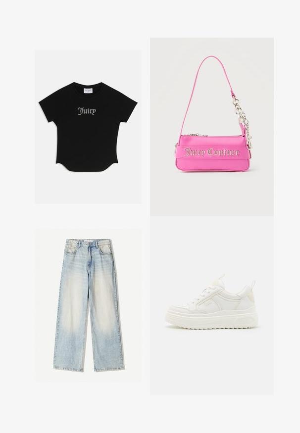 Zwarte T-shirt met korte mouwen en een ronde onderkant, voorzien van raglanmouwen. Kenmerkt zich door versierde "Juicy"-tekst in strass-steentjes op de voorkant.; Lichtblauwe denim broek met een wijde pijp, featuring vijf zakken, subtiele vervaging en zichtbare stiksels langs de naden.; Witte leren sneakers met een stevige zool, vetersluiting en subtiele branding. Heeft een zachte textuur en een ronde neus.; Kleine felroze Juicy Couture-handtas met zilveren kettingdetail en logotekst aan de voorkant, enkele smalle schouderband.