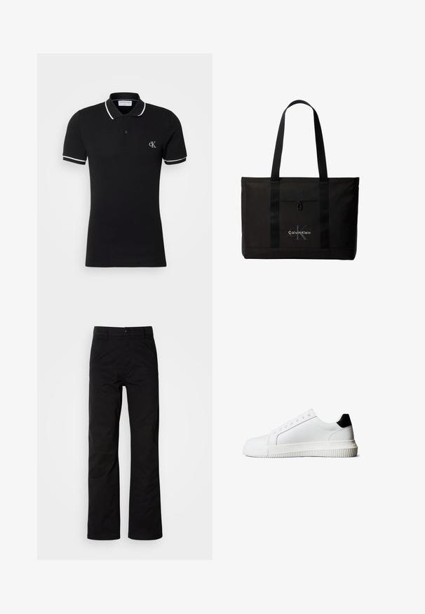 Zwart poloshirt met korte mouwen, witte bies op kraag en mouwen, knoopsluiting met twee knopen en klein wit "cK" logo op de linkerborst.; Zwarte katoenen broek met een recht design, voorzien van een knoopsluiting en riemlussen. Gladde textuur en minimalistische stijl zonder zichtbare patronen.; Witte leren sneakers met een zwarte hielaccent, voorzien van platte veters, een afgeronde neus en een geribbelde rubberen zool voor grip.; Zwarte Calvin Klein totebag met twee lange handvatten en een voorvak, met het logo van het merk in wit en grijs.
