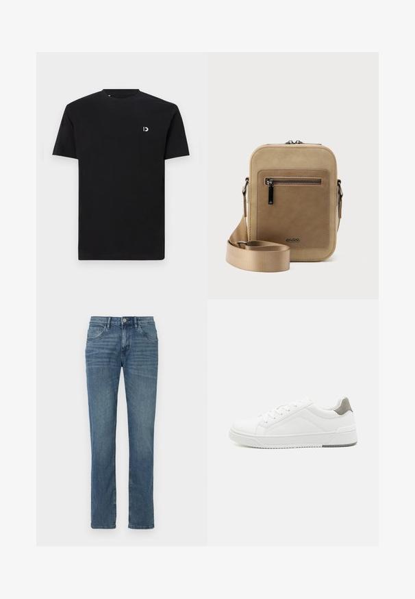 Sort bomulds- T-shirt med korte ærmer, rund halsudskæring og et lille hvidt logo på venstre brystområde. Glat tekstur, enkelt design.; Straight-leg jeans lavet af medium-vasket denim. Har fem lommer, en knaplukning og diskret falmning langs fronten for tekstur.; Hvid sneaker lavet af glat læder, rund tå, minimalistisk design, grå hælafsats og tekstureret gummisål.; Lille beige crossbody-taske med lynlåslomme foran, metal ALDO-logo, justerbar bred rem og rundet rektangulær form på hvid baggrund.