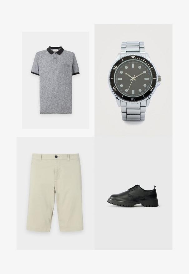 Grå og sort tyndstribet poloshirt med sort krave, knaplukning med to knapper, korte ærmer med sorte manchetter og brystlomme.; Beige shorts lavet af let bomuldsblanding, med flad front, bæltesløjfer, knaplukning og knælang kant.; Sorte læder snøresko med rund tå, tekstureret overflade og kraftig gummisål med dybe riller for bedre greb.; Sølvmetal armbåndsur med sort urskive, hvide timeindikatorer, drejelig ramme og kædet metalrem, viser tiden 10:10:34.