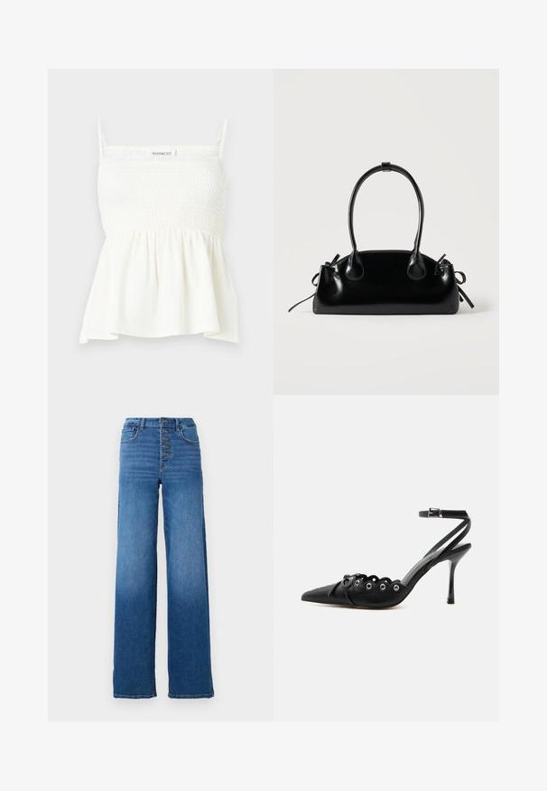 Hvid ærmeløs top med smocket krop, tynde stropper og en udvidet kant, mærket "Even&Odd" på brystet.; Vidde denim jeans i blå med høj talje og fem knaplukninger. Har klassisk syning og en ren kant.; Sort spids hæl med bølgede kanter, metaløjer, snørelukning foran og ankelrem med spænde.; Lille sort blank håndtaske med to lange håndtag og snøre-detaljer i siden på en ensfarvet lys baggrund.