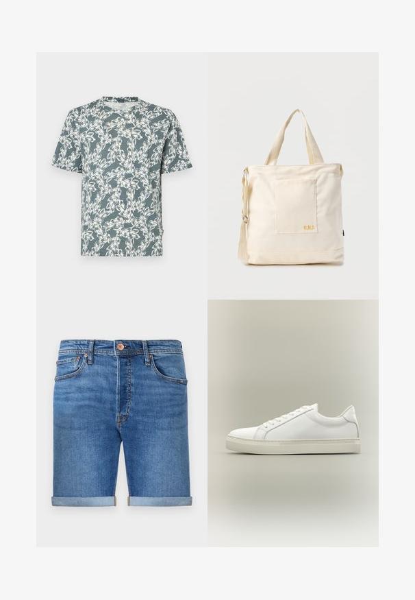 Kortærmet T-shirt i teal-farve med et hvidt blomsterdesign. Fremstillet af letvægtsstof med en afslappet pasform.; Denim shorts i en mellemmel tone med opkrøllede manchetter, fem-lomme design, messingknaplukning og kontraststing.; Hvid lavtop sneaker med snørebånd foran og tyk sål, vist fra siden mod en neutral baggrund.; Kremfarvet lærredstote-taske med frontlomme, to håndtag, justerbar skulderrem og lille gul "O.N.S" tekst i nederste højre hjørne af lommen.