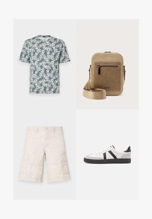 T-shirt à manches courtes de couleur sarcelle, présentant un motif floral blanc. Fabriqué en tissu léger et à coupe décontractée.; Shorts cargo beiges en coton léger, dotés de deux poches latérales, d'un bouton de fermeture à l'avant et de détails de couture.; Baskets blanches avec des accents noirs et gris, présentant un embout texturé gris, une semelle en caoutchouc noir et des lacets plats blancs. Design épuré, style minimaliste.; Petit sac bandoulière beige avec poche avant zippée, logo métallique ALDO, sangle large ajustable et forme rectangulaire arrondie sur fond blanc.