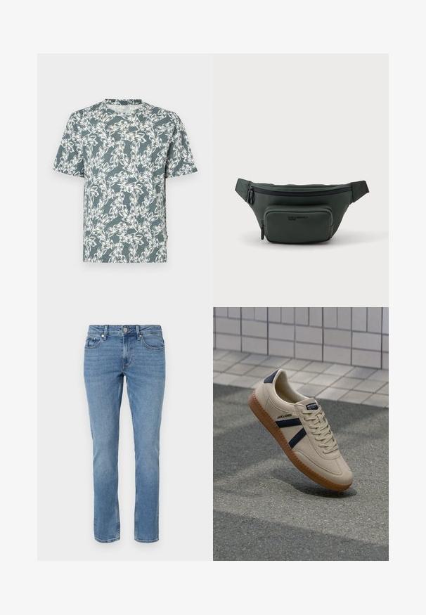 Kurzärmliges T-Shirt in Tealfarbe mit einem weißen Blumenmuster. Hergestellt aus leichtem Stoff mit einer lässigen Passform.; Blaue gerade geschnittene Denim-Jeans mit Fronttaschen, Gürtelschlaufen und Knopfverschluss.; Beige Sneaker mit strukturierter Oberfläche, dunkelblauen Streifen und Gummisohle. Verfügt über eine gepolsterte Zunge und ein traditionelles Schnürsystem für einen sicheren Sitz.; Dunkelgrüne Gürteltasche mit zwei Reißverschlussfächern und verstellbarem Riemen, dargestellt vor einem schlichten hellen Hintergrund.