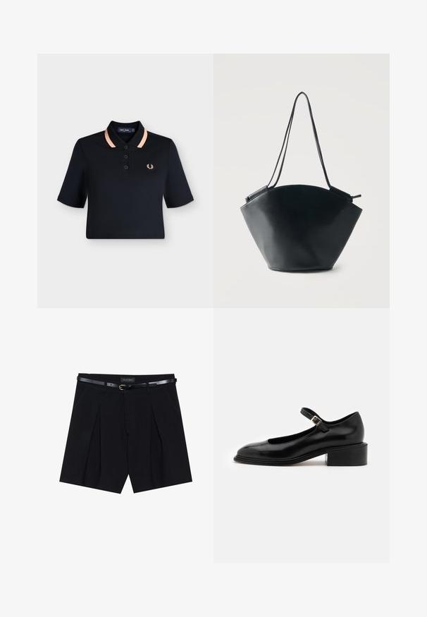 Polo noir cropped avec des rayures pêche sur le col, trois boutons noirs et petit logo laurier brodé pêche sur la poitrine gauche.; Shorts noirs ajustés avec des plis, dotés d'une ceinture noire slim avec une boucle en or. Fabriqués dans un tissu lisse, offrant un look soigné.; Souliers Martinez PENELOPE - Escarpins à talons hauts - black; Sac seau en cuir noir avec une large base arrondie et des doubles bretelles étroites, sur un fond clair uni.