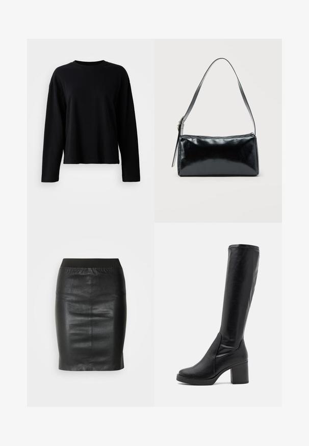T-shirt noir à manches longues en tissu léger et doux, avec un col ras du cou et une coupe décontractée, présentant des détails de coutures minimaux.; Jupe crayon noire en cuir lisse, dotée d'une taille élastique pour une silhouette ajustée et un design minimaliste.; Bottes noires montantes en cuir lisse avec un large talon et un bout arrondi. Présente un design sans couture et des accents de couture discrets.; Sac d'épaule rectangulaire noir avec une sangle réglable unique et une fermeture éclair supérieure sur un fond uni.