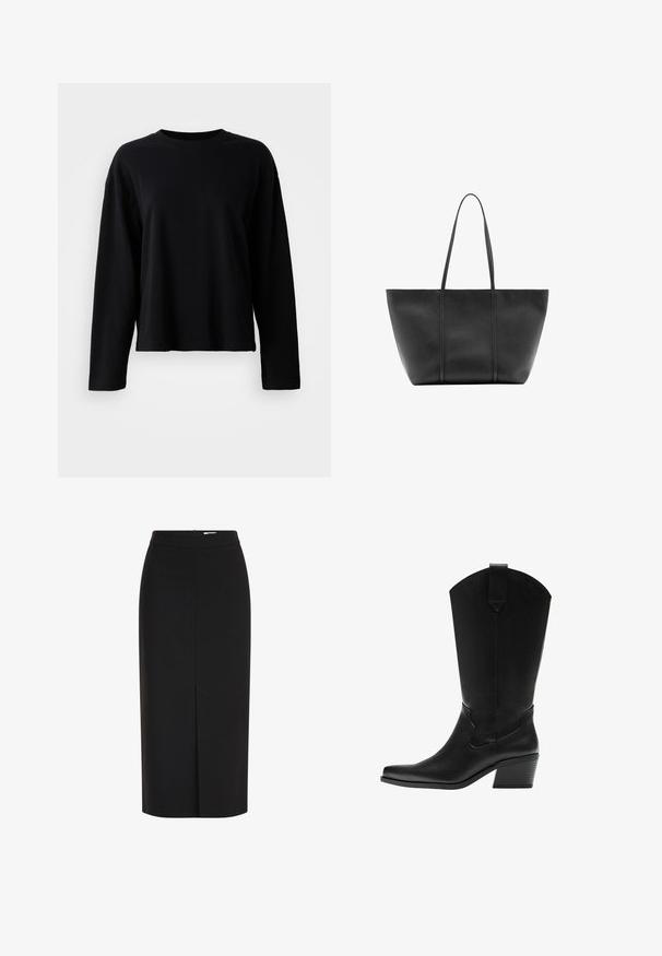 Schwarzes Langarm-T-Shirt aus einem weichen, leichten Stoff mit Rundhalsausschnitt und lockerer Passform sowie minimalen Nähten.; Schwarzer Midirock mit hoher Taille, Bleistiftschnitt, vorderem Schlitz und verdecktem Reißverschluss vor weißem Hintergrund.; Schwarzer Westernstiefel aus Leder bis zur Mitte der Wade mit spitzer Kappe und gestapeltem Blockabsatz, mit Zuglasche und dezenter dekorativer Naht.; Schwarze Ledertasche mit langen schlanken Henkeln, einer strukturierten Oberfläche und einem weit geöffneten oberen Bereich.