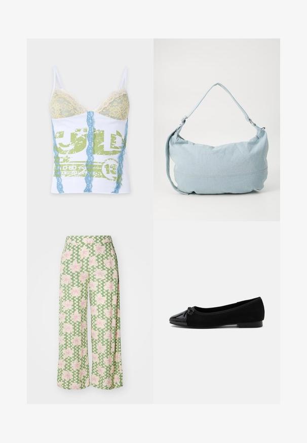 Camisola blanca con copas de encaje amarillo pálido, rayas verticales de encaje azul y estampado gráfico verde desvaído en la parte delantera.; Pantalones de pierna ancha en una tela verde con un patrón ondulado y flores rosas. La cinturilla es plana, lo que realza el diseño informal.; Bailarina negra con puntera de charol, pequeño lazo y tacón bajo sobre fondo blanco liso.; Bolso de hombro de denim azul claro con forma redondeada, correa ajustable y un sutil detalle de costura en el borde inferior. Textura suave.