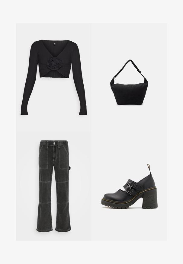 ONLY ONLFIE - Langærmet T-shirt - black; BDG Urban Outfitters UTILITY SKATE - Jeans Relaxed Fit - washed black; Sorte højhælede sko med en tekstureret sål, der har to sølvspænder, gul syning og en løkke bagpå for nem påtagning.; Sort stof skuldertaske med en blød tekstureret overflade, rund form og en enkelt rem. Minimalistisk design uden synligt hardware eller accenter.