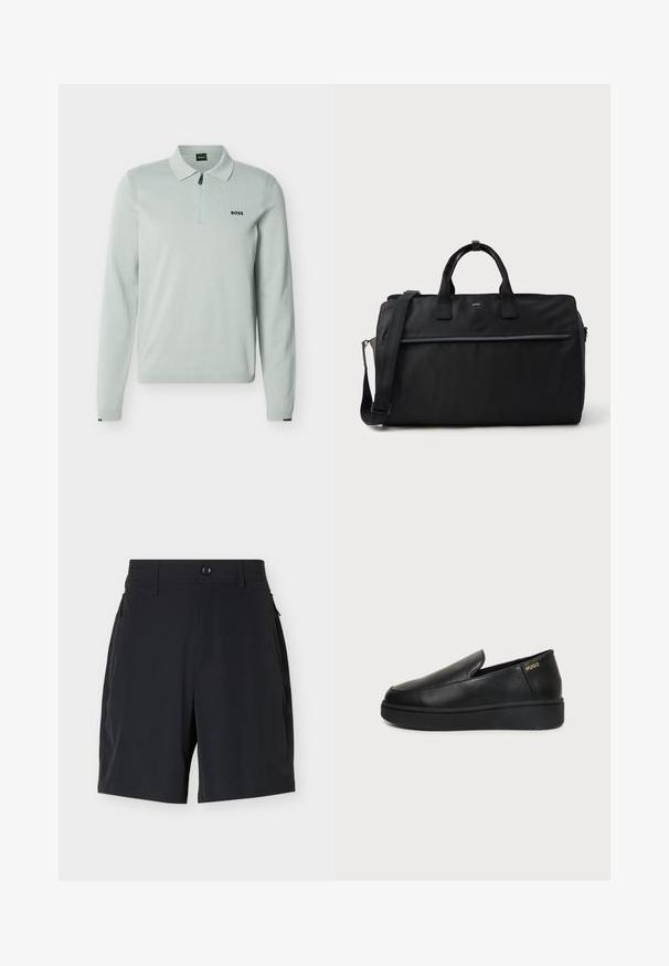 Polo gris clair à manches longues avec une fermeture éclair quart de longueur, des poignets et un ourlet côtelés, et le logo "BOSS" sur le côté gauche de la poitrine.; Shorts noirs ajustés avec taille boutonnée, passants pour ceinture et poches latérales zippées sur un fond clair uni.; Chaussure noire en cuir à enfiler avec une semelle épaisse et un petit logo doré "Hugo" sur le côté du talon, montrée de profil sur un fond neutre.; Sac de voyage rectangulaire noir avec doubles poignées, bandoulière réglable, poche zippée à l'avant et petit logo "BOSS" à l'avant.