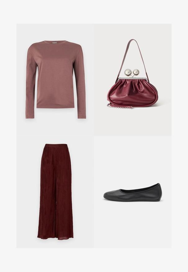 Camisa de manga larga en rosa empolvado, confeccionada con una tela suave. Diseño de cuello redondo con corte recto y detalles sutiles de costura. Estilo minimalista.; Pantalones de pierna ancha en burdeos, fabricados en un tejido texturizado con plisados verticales. Presentan una cintura alta y un dobladillo que llega hasta el tobillo.; Bailarina de piel negra con punta redondeada, textura suave, detalle de costura minimalista y diseño de suela flexible.; Pequeño bolso de mano de cuero burdeos con detalles fruncidos, una correa fina y un cierre de plata con dos grandes pomos redondos.