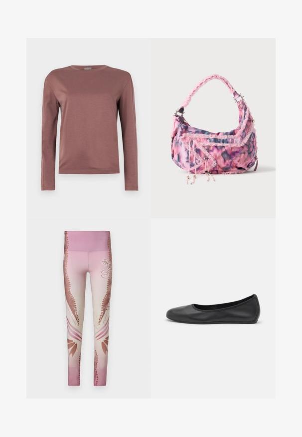 Chemise à manches longues en rose poussiéreux, fabriquée en tissu doux. Design à col rond avec coupe droite et détails de couture subtils. Style minimaliste.; Leggings roses avec un dégradé de clair à foncé, ornés de motifs floraux et d'accents décoratifs sur les côtés. Texture lisse.; Ballerines en cuir noir avec un bout rond, texture lisse, détails de couture minimalistes et design de semelle flexible.; Petit sac à épaule imprimé floral rose et violet avec bords texturés, poche avant zippée et bandoulière réglable avec fermoirs métalliques.