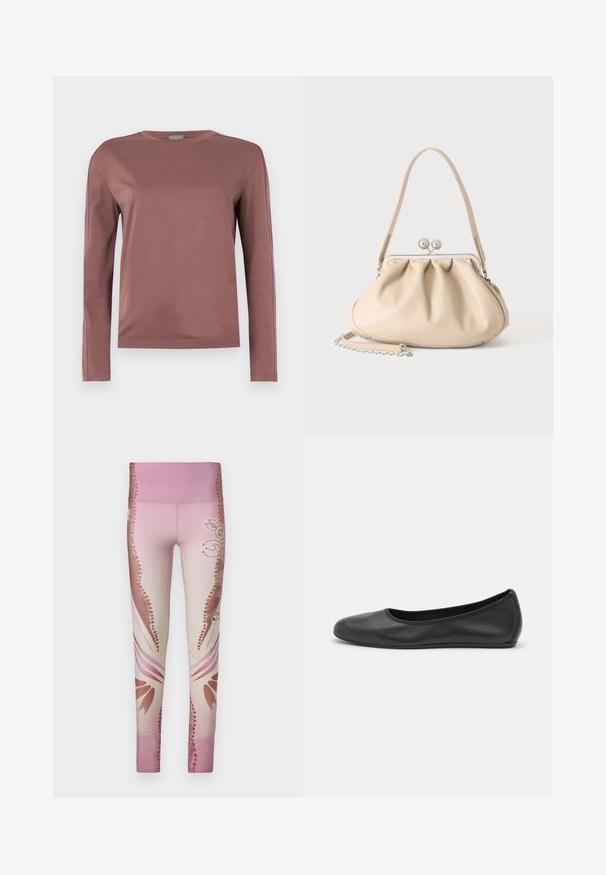 Chemise à manches longues en rose poussiéreux, fabriquée en tissu doux. Design à col rond avec coupe droite et détails de couture subtils. Style minimaliste.; Leggings roses avec un dégradé de clair à foncé, ornés de motifs floraux et d'accents décoratifs sur les côtés. Texture lisse.; Ballerines en cuir noir avec un bout rond, texture lisse, détails de couture minimalistes et design de semelle flexible.; Sac à main en cuir souple beige avec un fermoir en métal argenté, une bandoulière simple et une bandoulière chaîne optionnelle sur fond blanc.
