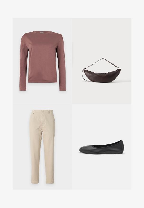 Langärmliges Shirt in staubigem Rose, aus weichem Stoff gefertigt. Rundhalsausschnitt mit geradem Schnitt und subtilen Nähdetails. Minimalistischer Stil.; Beige Baumwollhose mit geradem Schnitt, Gürtelschlaufen und Reißverschluss. Der Stoff hat eine glatte Textur und keine sichtbaren Muster oder Akzente.; Schwarze Leder-Ballettschuhe mit abgerundeter Spitze, glatter Textur, minimalen Nähdetails und einem flexiblen Sohlen-Design.; Dunkelbraune Leder-Schultertasche in Halbmondform mit gebogenem Riemen und sichtbarer Naht auf schlichtem Hintergrund.