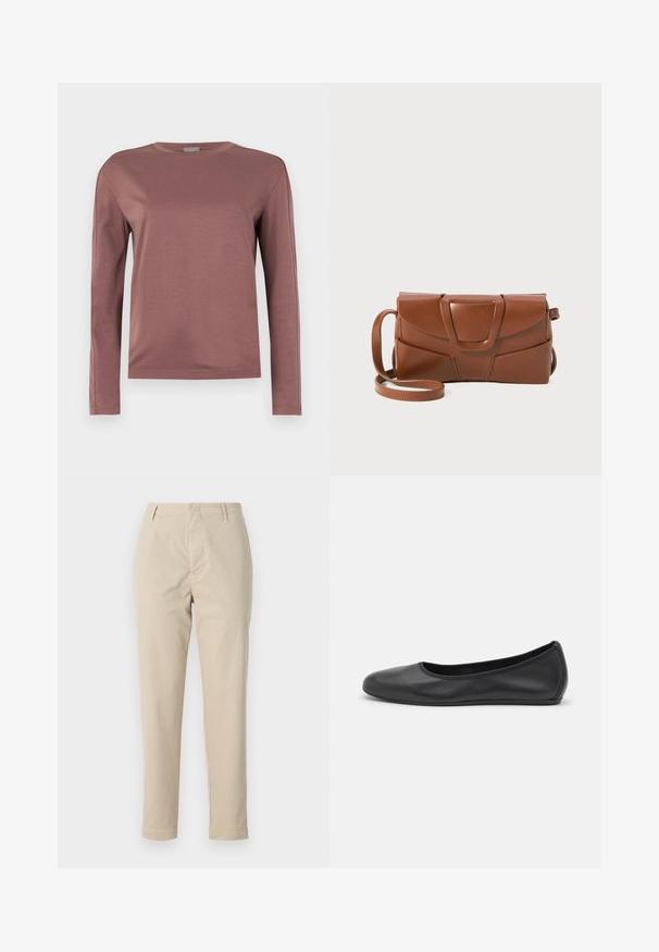 Langärmliges Shirt in staubigem Rose, aus weichem Stoff gefertigt. Rundhalsausschnitt mit geradem Schnitt und subtilen Nähdetails. Minimalistischer Stil.; Beige Baumwollhose mit geradem Schnitt, Gürtelschlaufen und Reißverschluss. Der Stoff hat eine glatte Textur und keine sichtbaren Muster oder Akzente.; Schwarze Leder-Ballettschuhe mit abgerundeter Spitze, glatter Textur, minimalen Nähdetails und einem flexiblen Sohlen-Design.; Braune Lederhandtasche mit einem eleganten Design, das eine strukturierte Klappe, einen auffälligen Verschluss und einen verstellbaren Trageriemen für Vielseitigkeit umfasst.