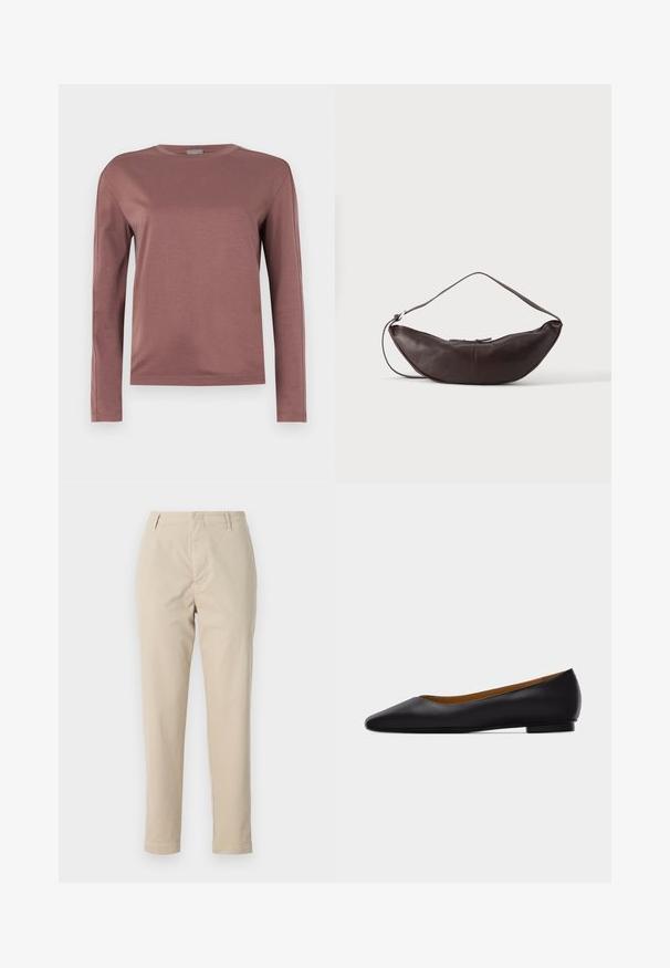 Langarmshirt in stoffige rozenkleur, gemaakt van zachte stof. Ronde halslijn met rechte snit en subtiele stikdetails. Minimalistische stijl.; Beige katoenen broeken met een rechte pasvorm, riemlussen en een ritsgulp. De stof heeft een gladde textuur en vertoont geen zichtbare patronen of accenten.; Zwarte leren puntschoen met lage hak en gladde afwerking, zijaanzicht op een lichtgrijze achtergrond.; Donkerbruine leren schoudertas in halve maan vorm met een gebogen band en zichtbare stiksels op een effen achtergrond.