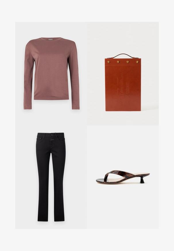 Langærmet skjorte i støvet rosa, lavet af blødt stof. Rund hals design med lige snit og subtile stikninger. Minimalistisk stil.; Sort jeans lavet af denim, med en tætsiddende design, knaplukning og traditionel fem-lomme stil. Glat tekstur med let stræk.; Brun skildpaddeskal kitten heel sandal med snorrestram og firkantet tå på en ensfarvet lys baggrund.; Brun læder dokumentmappe med en flad rektangulær form, præget tekst, et håndtag i toppen og guldfarvede metal detaljer.