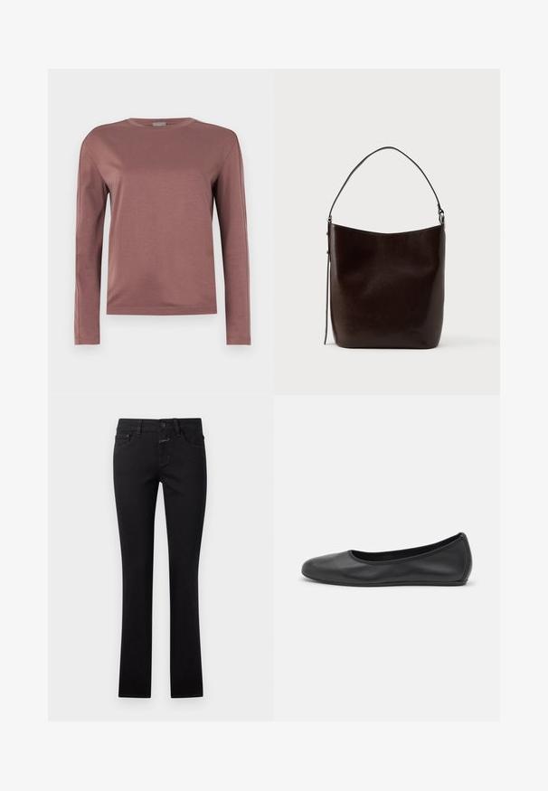 Langärmliges Shirt in staubigem Rose, aus weichem Stoff gefertigt. Rundhalsausschnitt mit geradem Schnitt und subtilen Nähdetails. Minimalistischer Stil.; Schwarze Jeans aus Denim, mit einer figurbetonten Passform, Knopfverschluss und traditionellem Fünf-Taschen-Stil. Glatte Textur mit leichtem Stretch.; Schwarze Leder-Ballettschuhe mit abgerundeter Spitze, glatter Textur, minimalen Nähdetails und einem flexiblen Sohlen-Design.; Braune Leder-Schultertasche mit glatter Textur, weicher, runder Form und einem langen Schulterriemen. Verfügt über ein minimalistisches Design und silberne Hardware.