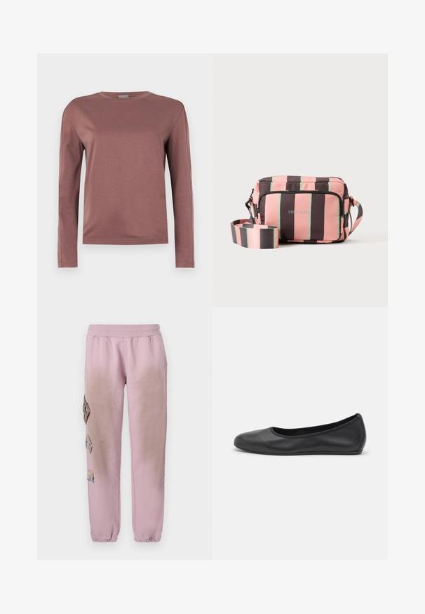 Pikisu sleevesega särk tolmuroosa värviga, valmistatud pehmest kangast. Ümmargune kaelus ja sirge lõige koos peente õmbluste detailidega. Minimalistlik stiil.; Roosa spordipüksid elastse paelaga vööl, millel on vasakul küljel dekoratiivsed rombikujulised plaastrid ja elastsed mansetid pahkluude juures.; Musthave mustika tantsutossud mustast nahast, ümmarguse varbaga, siledast tekstuurist, minimaalse õmblusdetailiga ja paindliku tallakujundusega.; Väike ristkere ristkülikukujuline kott lai reguleeritava rihmaga, millel on vertikaalsed triibud roosas, pruunis ja õhukestes rohelises joonis.