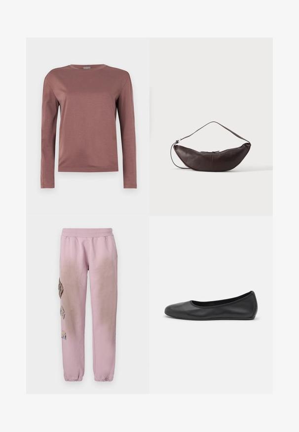 Langärmliges Shirt in staubigem Rose, aus weichem Stoff gefertigt. Rundhalsausschnitt mit geradem Schnitt und subtilen Nähdetails. Minimalistischer Stil.; Rosa Sweatpants mit elastischem Bund, verziert mit dekorativen Patches in Diamantform auf der linken Seite und elastischen Bündchen an den Knöcheln.; Schwarze Leder-Ballettschuhe mit abgerundeter Spitze, glatter Textur, minimalen Nähdetails und einem flexiblen Sohlen-Design.; Dunkelbraune Leder-Schultertasche in Halbmondform mit gebogenem Riemen und sichtbarer Naht auf schlichtem Hintergrund.