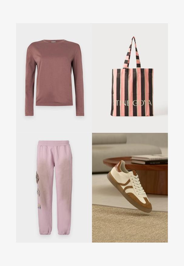 Pikisu sleevesega särk tolmuroosa värviga, valmistatud pehmest kangast. Ümmargune kaelus ja sirge lõige koos peente õmbluste detailidega. Minimalistlik stiil.; Roosa spordipüksid elastse paelaga vööl, millel on vasakul küljel dekoratiivsed rombikujulised plaastrid ja elastsed mansetid pahkluude juures.; Valged ja beežid tossud, mis on valmistatud nahast ja seemisnahast, ümarate ninadega, paeladega ja tekstureeritud kummist tallaga, millel on dekoratiivsed küljeribad.; Vertikaalsete triipudega ostukott vahelduvate roosa ja musta triipudega ning pikkade sangadega, mille alumises osas on heleroheline bränditekst.
