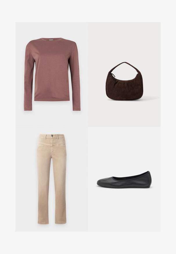 Langarmshirt in stoffige rozenkleur, gemaakt van zachte stof. Ronde halslijn met rechte snit en subtiele stikdetails. Minimalistische stijl.; Beige straight-leg jeans van zachte stof, met een knoopsluiting aan de voorkant, twee voorzakken en subtiele stikdetails.; Zwarte leren ballerina met een ronde neus, gladde textuur, minimale stikdetails en een flexibele zoolontwerp.; Donkerbruine suède handtas met een korte riem en afgeronde rechthoekige vorm op een effen lichte achtergrond.