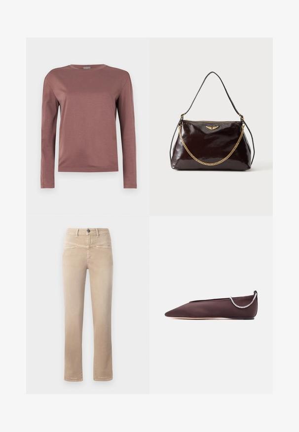 Chemise à manches longues en rose poussiéreux, fabriquée en tissu doux. Design à col rond avec coupe droite et détails de couture subtils. Style minimaliste.; Jeans beiges à jambe droite en tissu doux, avec une fermeture à bouton devant, deux poches avant et des détails de couture discrets.; Chaussure plate marron foncé à bout pointu avec un petit talon et un détail chaîne en strass argentée à l'arrière.; Sac à main en cuir brillant marron foncé avec un emblème en forme d'aile dorée, détail de chaîne dorée et une fine bandoulière en cuir sur un fond uni.