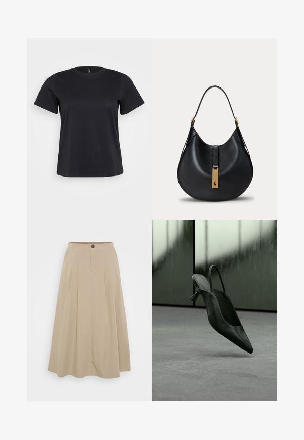 Schwarz Baumwoll-T-Shirt mit kurzen Ärmeln, Rundhalsausschnitt, lockerer Passform und glatter Textur. Keine sichtbaren Grafiken oder Muster.; Beige Faltenrock aus weichem Stoff, mit einer taillierten Taille und einem Knopfverschluss sowie einer fließenden A-Linien-Silhouette.; Schwarzer Slingback-Highheel aus Leder mit spitzer Schuhspitze, schwebt über grauem Teppichboden, unscharfer grünlicher Wandhintergrund.; Schwarze, halbmondförmige Ledertasche mit einem Riemen und rechteckigem goldfarbenem Verschluss mit Pferde- und Reiter-Logo.