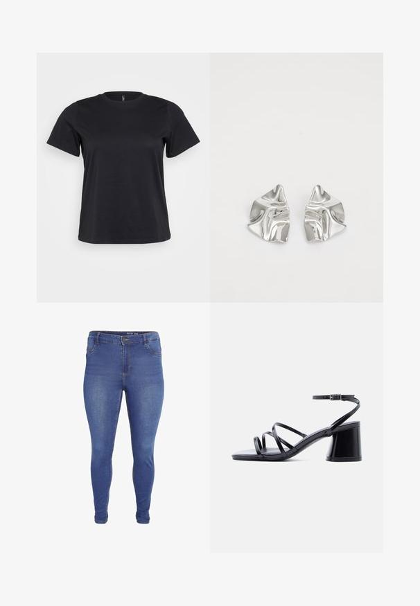 Sort bomulds-t-shirt med korte ærmer, rund halsudskæring, afslappet pasform og glat tekstur. Ingen synlige grafik eller mønstre.; Blå skinny jeans med forlommer, bæltestropper, knaplukning og let falmet effekt på lår og knæ.; Sort damesandal med blokhæl, tre tynde remme over tæerne og ankelrem med sølvspænde på hvid baggrund.; Sølvmetal øreringe med et bølgende, skulpturelt design, der har en poleret overflade og uregelmæssige former, hvilket fremhæver en moderne æstetik.
