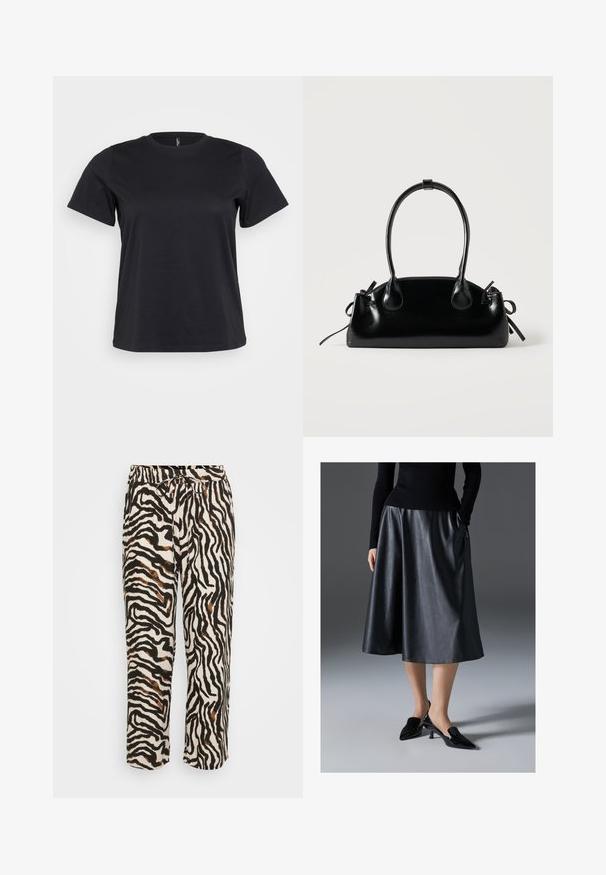 Sort bomulds-t-shirt med korte ærmer, rund halsudskæring, afslappet pasform og glat tekstur. Ingen synlige grafik eller mønstre.; Bindebåndsbukser i lette stoffer med et sort-hvidt zebra mønster og brune accenter. Løs pasform og cropped længde.; Sort læder midi skirt med en glat tekstur; har en talje og sidelommer. Sammen med blanke sorte højhælede sko.; Lille sort blank håndtaske med to lange håndtag og snøre-detaljer i siden på en ensfarvet lys baggrund.