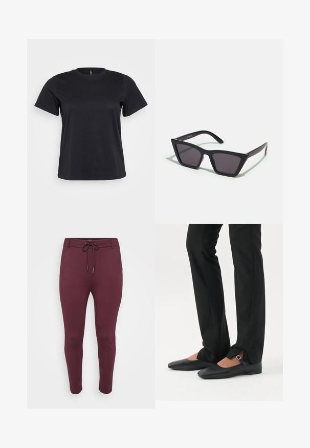 Zwarte katoenen t-shirt met korte mouwen, ronde hals, relaxed fit en een gladde textuur. Geen zichtbare grafische elementen of patronen.; Bordeaux, stretchy broek met een trekkoordtailleband, met een aangesloten ontwerp en taps toelopende benen, gepresenteerd tegen een witte achtergrond.; Benen met zwarte smalle broek met voorsplitten aan de zoom, gecombineerd met zwarte platte Mary Jane-schoenen met een klein gespje.; Zwarte, hoekige zonnebril met grijze lenzen; gemaakt van plastic, met dikke armen met een gladde oppervlakte en zonder zichtbare hardware.
