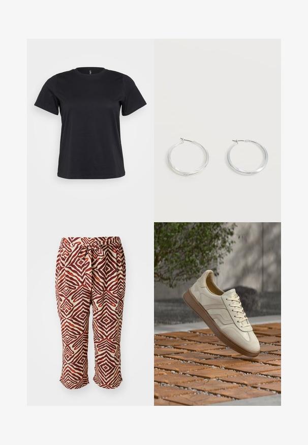 Schwarz Baumwoll-T-Shirt mit kurzen Ärmeln, Rundhalsausschnitt, lockerer Passform und glatter Textur. Keine sichtbaren Grafiken oder Muster.; Rote und braune gemusterte Hosen mit einem elastischen Bund. Sie haben ein geometrisches Motiv auf einem hellen Hintergrund. Knöchellang und aus leichtem Stoff.; Sneaker in cremefarben mit einer strukturierten, beigen Gummisohle, schnürungsdesign und dezentem Branding an der Seite. Glattes Lederobermaterial.; Silberne Metallcreolen mit glatter, leicht gebogener Oberfläche und Klappverschluss vor schlicht weißem Hintergrund.