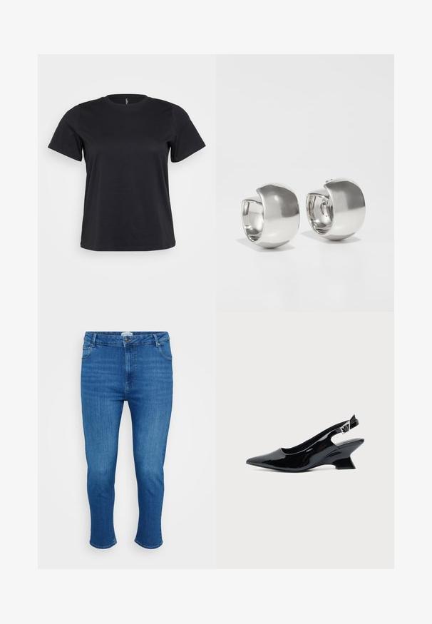 Sort bomulds-t-shirt med korte ærmer, rund halsudskæring, afslappet pasform og glat tekstur. Ingen synlige grafik eller mønstre.; Blå denim jeans med høj talje, frontknap og lynlås, fem lommer og smal lige pasform.; Sort laklæder slingback sko med spids tå og lav vinklet blokhæl på ensartet lys baggrund.; Uncommon Matters SCULPTURAL LARGE CREOLE - Øreringe - silver-coloured