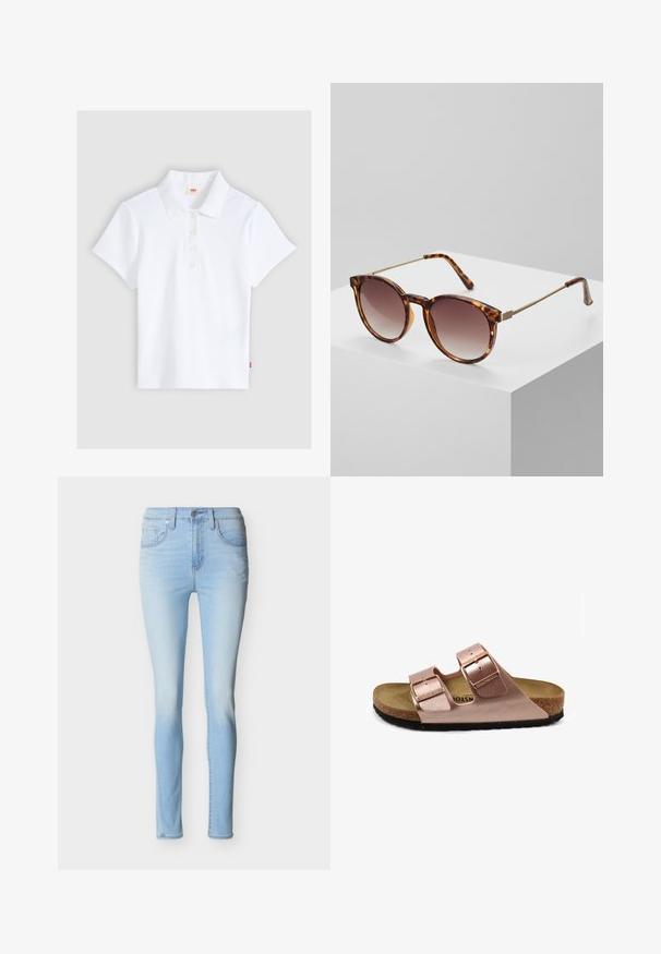 Polo blanco de manga corta con textura acanalada, cuello y cuatro botones, colocado plano sobre un fondo gris claro.; Vaqueros ajustados azul claro con botón frontal, cremallera y diseño de cinco bolsillos sobre un fondo liso.; Sándal de piel vegana rosa con dos correas ajustables con hebilla, plantilla de corcho y suela de goma negra. Diseño minimalista con un perfil plano.; Gafas de sol de carey con lentes degradados y finos acentos de metal dorado. Presenta montura redondeada y patillas elegantes para un aspecto moderno.