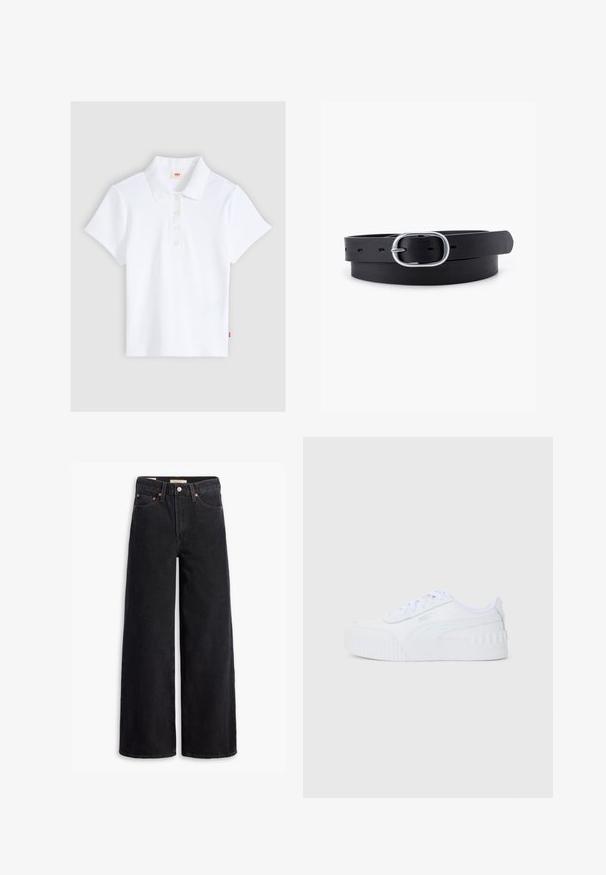 Hvid kortærmet ribbet poloshirt med krave og fire knapper, lagt fladt ud på en lysegrå baggrund.; Sorte brede benjeans lavet af denim, med fem lommer, kobbernitter og en klassisk knaplukning. Glat tekstur med et rent design.; Hvide lave Puma sneakers med snørebånd, tekstureret gummisål og brandlogo på siden og hælflappen.; Sort læderbælte med en glat overflade, oval sølvmetalspænde og flere justeringshuller langs stroppen. Flad, minimalistisk design.