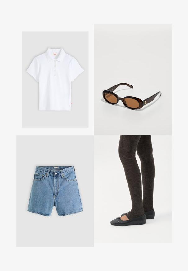 Hvid kortærmet ribbet poloshirt med krave og fire knapper, lagt fladt ud på en lysegrå baggrund.; Lyseblå cowboyshorts med forreste knap og lynlås, bæltestropper og fem-lommer design mod en ensfarvet baggrund.; Ben iført mørke ribbede leggings kombineret med sorte balletsko med små sløjfedetaljer på hvid baggrund.; Brune skildpadde-solbriller med ovale linser, der har en tynd stel og en lille metalaccent på siden. Struktureret og poleret overflade.