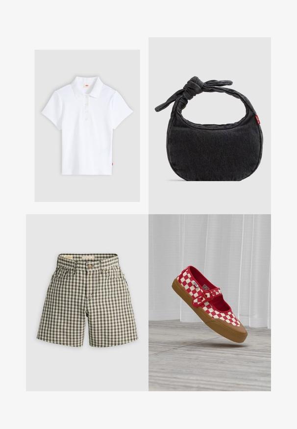 Weißes kurzärmliges, geripptes Poloshirt mit Kragen und vier Knöpfen, flach auf einem hellgrauen Hintergrund liegend.; Braun-weiß karierten Shorts mit Knopfverschluss, zwei Fronttaschen und einer lockeren Passform. Hergestellt aus gewebtem Stoff mit einer glatten Textur.; Rot-weißer karierten Slip-On-Schuh mit brauner Gummisohle und rotem Schnallenriemen, der über einem Holzboden mit weißen Vorhängen im Hintergrund schwebt.; Kleine schwarze Jeans-Umhängetasche mit geknotetem Riemen und Reißverschluss, mit einem roten Levi's Stoffetikett an der Seite.