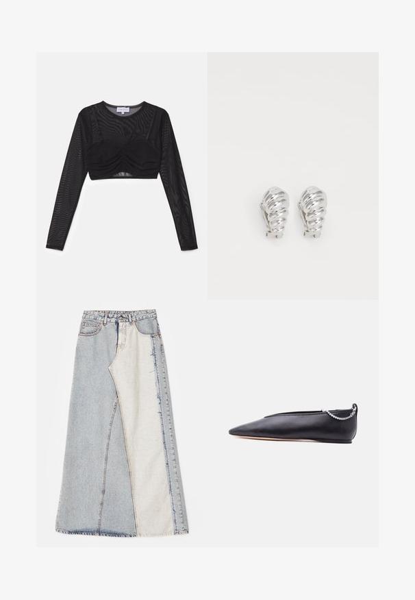 Musthave mustavast värviline lühike varrukas crop top, mis on valmistatud õhukesest võrkkangast. Tootel on kogutud rinnaosa detail ja kinnitatud disain. Etikett on nähtav kaela juures.; Denim seelik, millel on patšitud disain, kus on heledad ja keskmise sinise tooni sektsioonid, rebenenud servad ja kõrge vöökoht. Klassikaline viie taskuga stiil.; Mustast nahast terava ninaga madala kontsaga tallase, millel on taga hõbedane kett-detail, ühevärvilise tausta ees.; Hõbedased klamber kõrvarõngad, millel on spiraalne disain, millel on sile metalliline tekstuur ja ümarad kujundid. Nähtavad ehted või mustrid puuduvad.