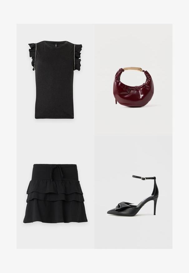 Top negro sin mangas con hombros con volantes y adornos de pedrería a lo largo de las costuras de los brazos, con escote redondo.; Falda negra con un diseño en capas, que cuenta con dos capas de volantes y una cintura elástica con cordón. Fabricada con una tela suave para mayor comodidad.; Zapato de tacón alto negro con puntera puntiaguda, adorno de lazo de satén y correa ajustable en el tobillo con herrajes plateados. Textura de cuero suave.; Bolso de mano de piel sintética burdeos con forma redondeada, detalles fruncidos y un asa de metal dorado. Textura suave y acabado brillante.