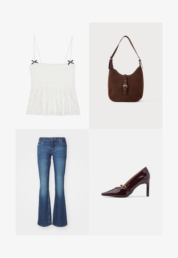 Hvid blonde Top med tynde stropper, prydet med sorte sløjfer på skuldrene og en flared kant for et feminint design.; Udsvingede jeans i middelblå denim. Har en lynlås foran med en metalknap, to forlommer og falmning detaljer nær knæene.; Patenteret bordeaux højhælet sko med spidse tæer, ankelrem med guldhardware og en slank, poleret finish. Hævet stilettohæl.; Brun suedet hobo taske med en buet form, flad bund, justerbar rem og en spændefunktion på forsiden. Glat tekstur.