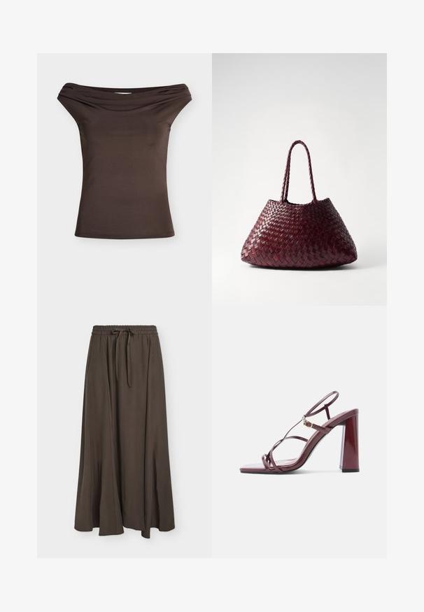 Haut marron ajusté, épaule dénudée, avec détail de col plié, sans manches, présenté sur fond blanc.; Longue jupe marron foncé avec taille élastique et cordon, tissu lisse, légère évasement, suspendue à plat sur fond clair.; Sandale à talon haut bordeaux avec bout carré, lanières élégantes et finition brillante. Dispose d'un talon bloc solide et d'un accent en métal doré.; DRAGON DIFFUSION SANTA CROCE BIG - Sac à main - bordo