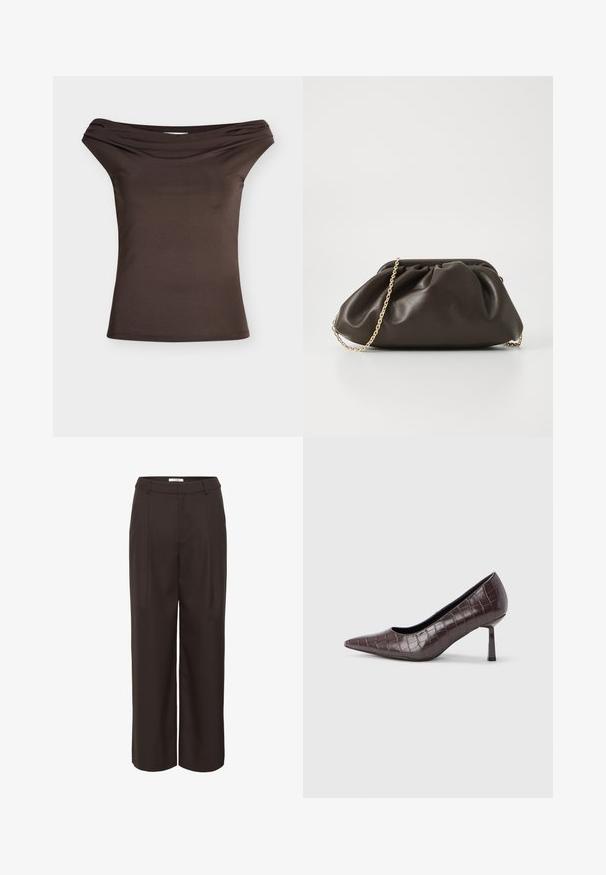 Top marrón ajustado con escote caído con detalle de cuello doblado, sin mangas, mostrado sobre fondo blanco.; Pantalones de pierna ancha marrones hechos de una tela suave. Presenta una cintura alta, pliegues frontales y bolsillos laterales para mayor funcionalidad.; Tacones puntiagudos de cuero sintético marrón con textura de cocodrilo, con un tacón delgado y angular y un forro interior suave.; Bolso de mano de cuero marrón con un diseño fruncido, correa de cadena dorada y un acabado suave y texturizado. Forma compacta adecuada para uso nocturno.
