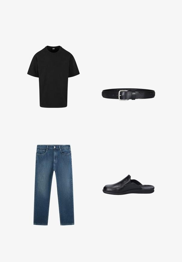 Sort bomulds T-shirt med klassisk rund hals, korte ærmer og en løs pasform. Glat tekstur, enkelt design, ingen mønstre eller accenter.; Mørkeblå jeans med straight ben, frontknap, lynlås, bæltestropper og fem-lomme design på hvid baggrund.; Sort slip-on sko lavet af læder med en glat overflade, udstyret med en rund tå og en fleksibel gummisål. Minimalistisk design uden metaldele.; Sort læderbælte med sølvfarvet rektangulært spænde og præget blomster mønster langs remmen, lagt fladt mod en hvid baggrund.