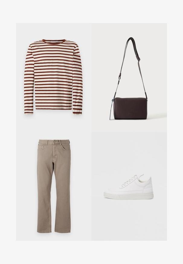 T-shirt à manches longues et col rond avec des rayures horizontales marron et blanches, fabriqué en tissu doux, posé à plat sur un fond clair.; Jean droit beige en tissu coton, comportant cinq poches, une fermeture par bouton et zip, et des coutures visibles le long des coutures.; Baskets en cuir blanc avec un embout arrondi, une semelle plate et un laçage à l'avant. Présentent des détails de couture et un col rembourré pour plus de confort.; Sac bandoulière en cuir marron foncé texturé avec une sangle réglable et un petit accent décoratif bleu sur le côté.